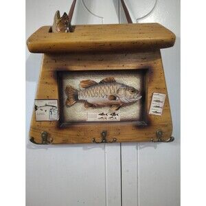 WALL MOUNT KEY HOLDER  6 HOOKS Fishing trout wooden bag Fishing Cabin Primitive